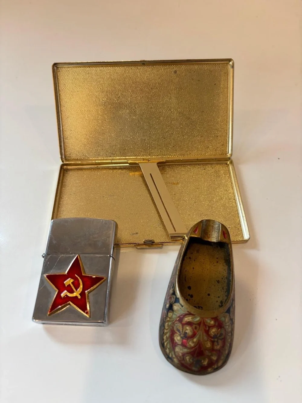 Vintage Zippo 1993 Soviet Star Lighter Cigarette Case Brass Clog Ashtray Set